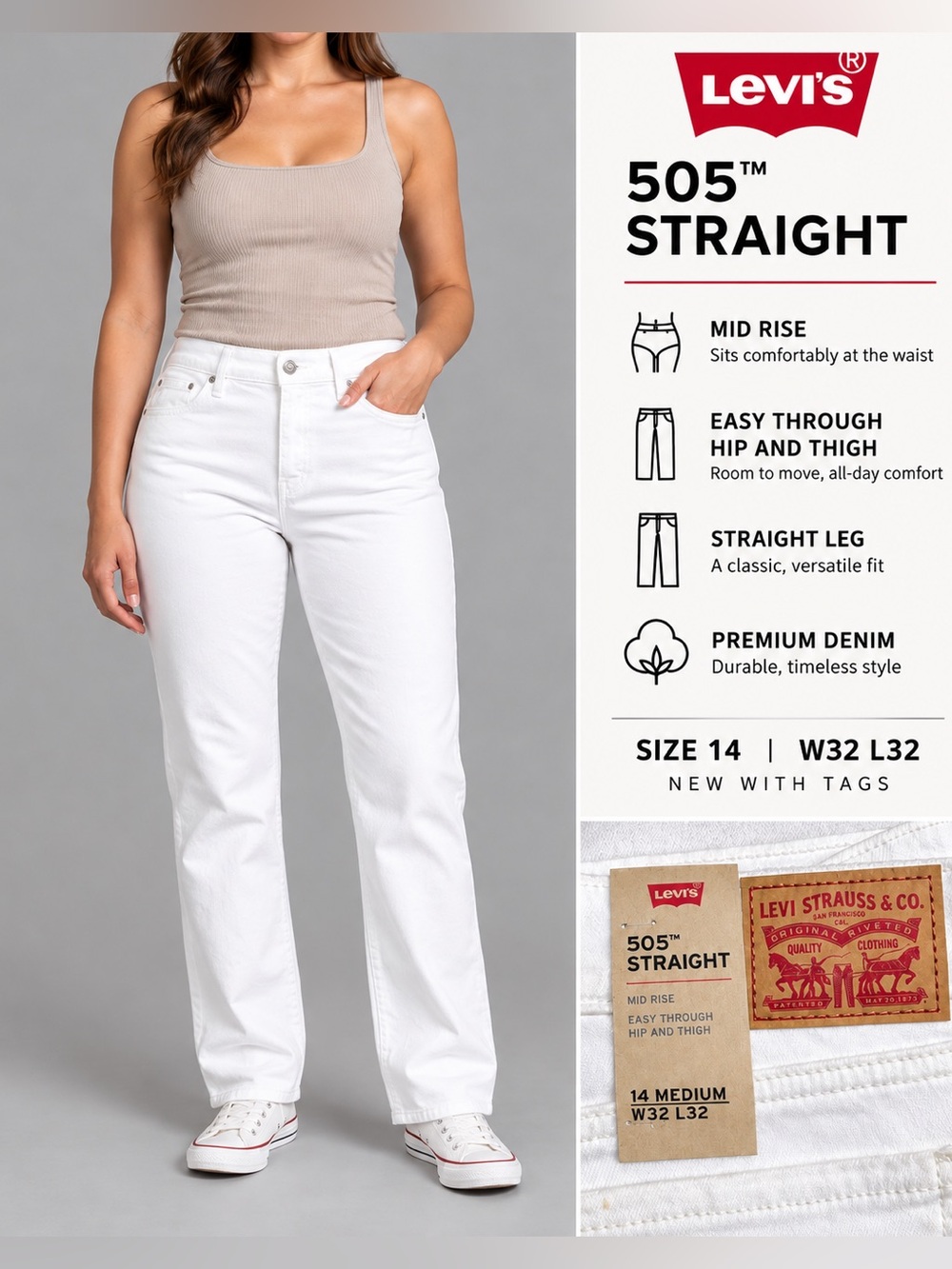Levi’s 505 Straight White Jeans Women’s Size 14 W32 L32 Mid Rise NWT